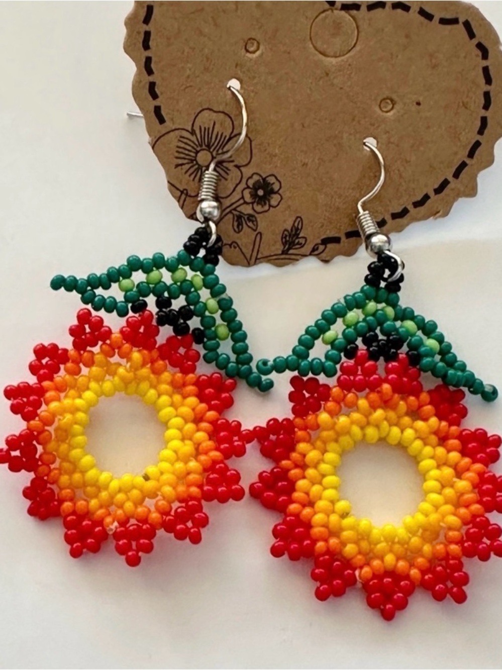 Handmade Beaded Sunflower Dangling Earrings in Red, Orange, Yellow & Green
